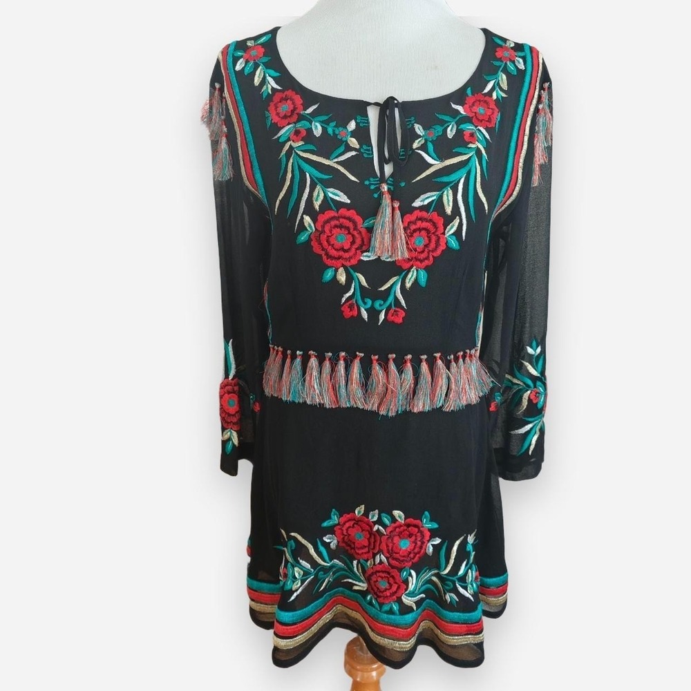Roja Black Floral Embroidered Tassel Boho Mini Dress Small